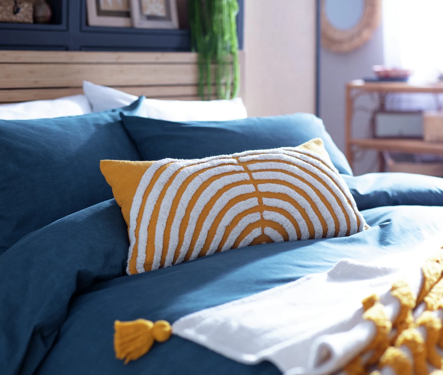 Habitat Geo Tufted Cushion - Yellow & White - 60x30cm - Image 2