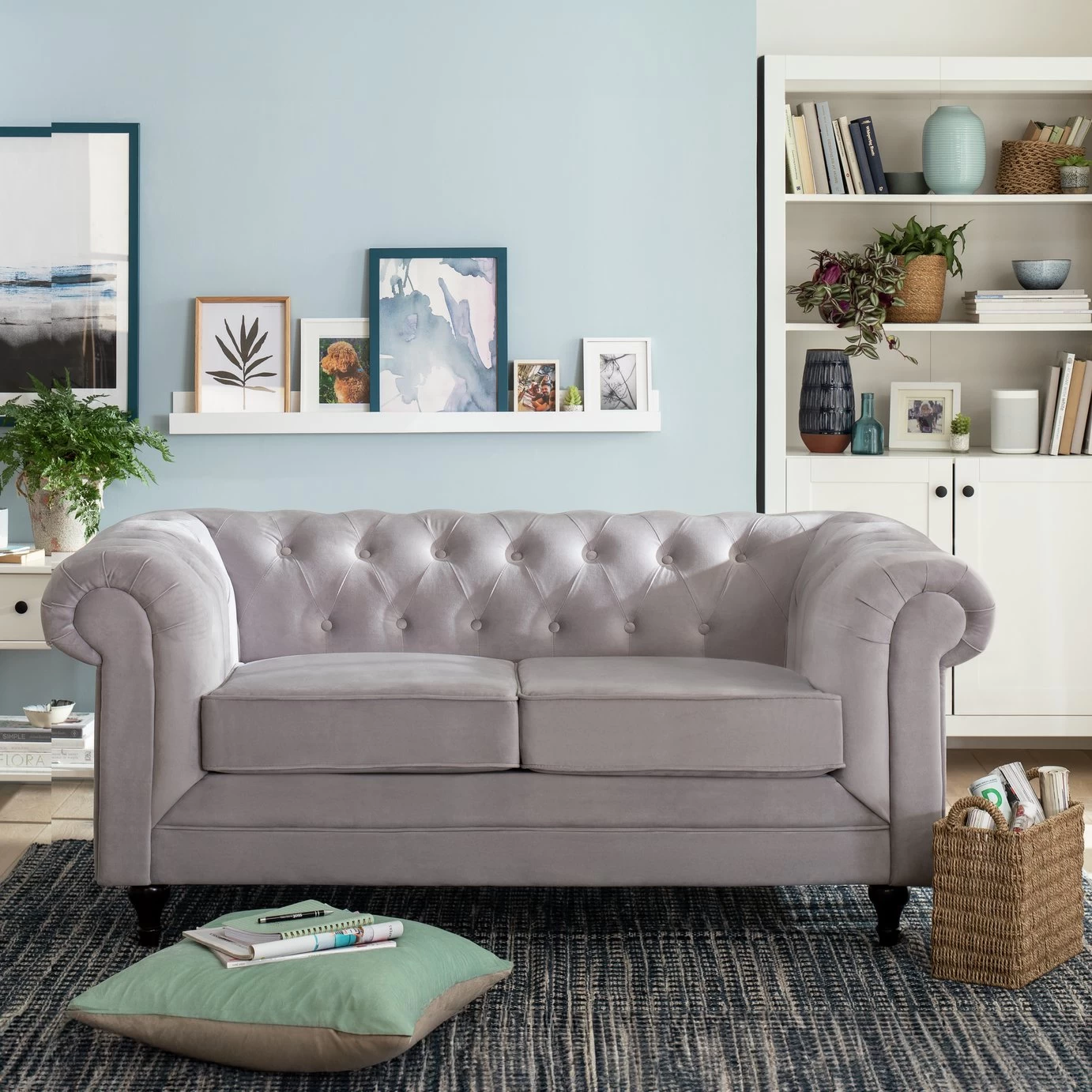 Habitat Chesterfield Velvet 2 Seater Sofa - Light Grey - Image 2